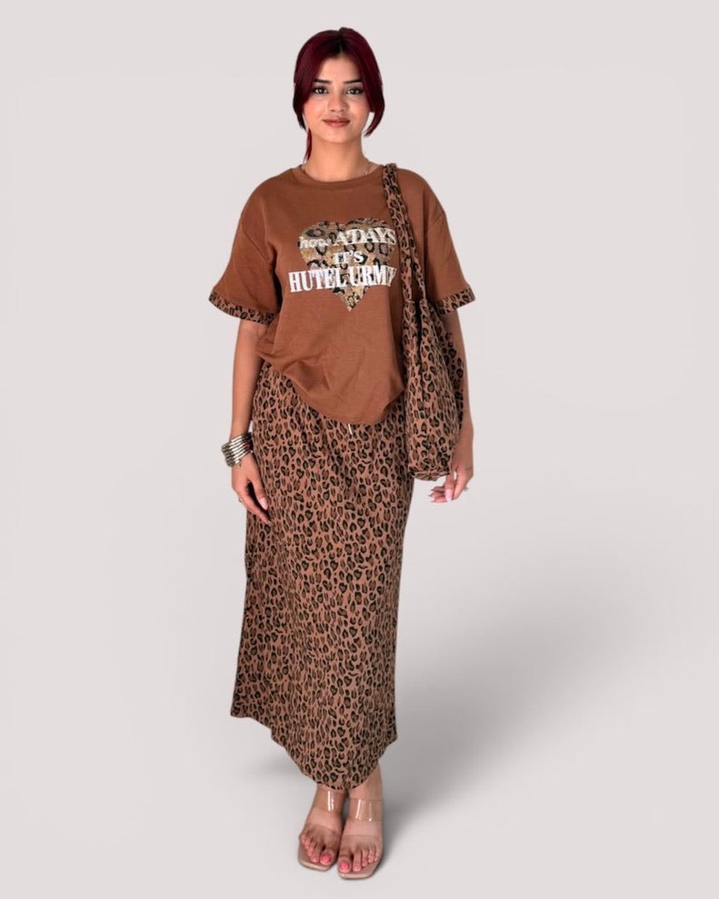 Heart Graphic Tee & Leopard Maxi Skirt Co-ord Set