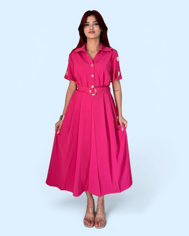 Gold Button Pleated flared Midi Shirt Dress