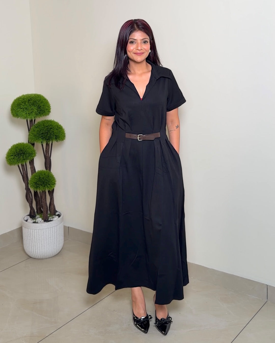 Belted Stretchable Shirt Style Dress