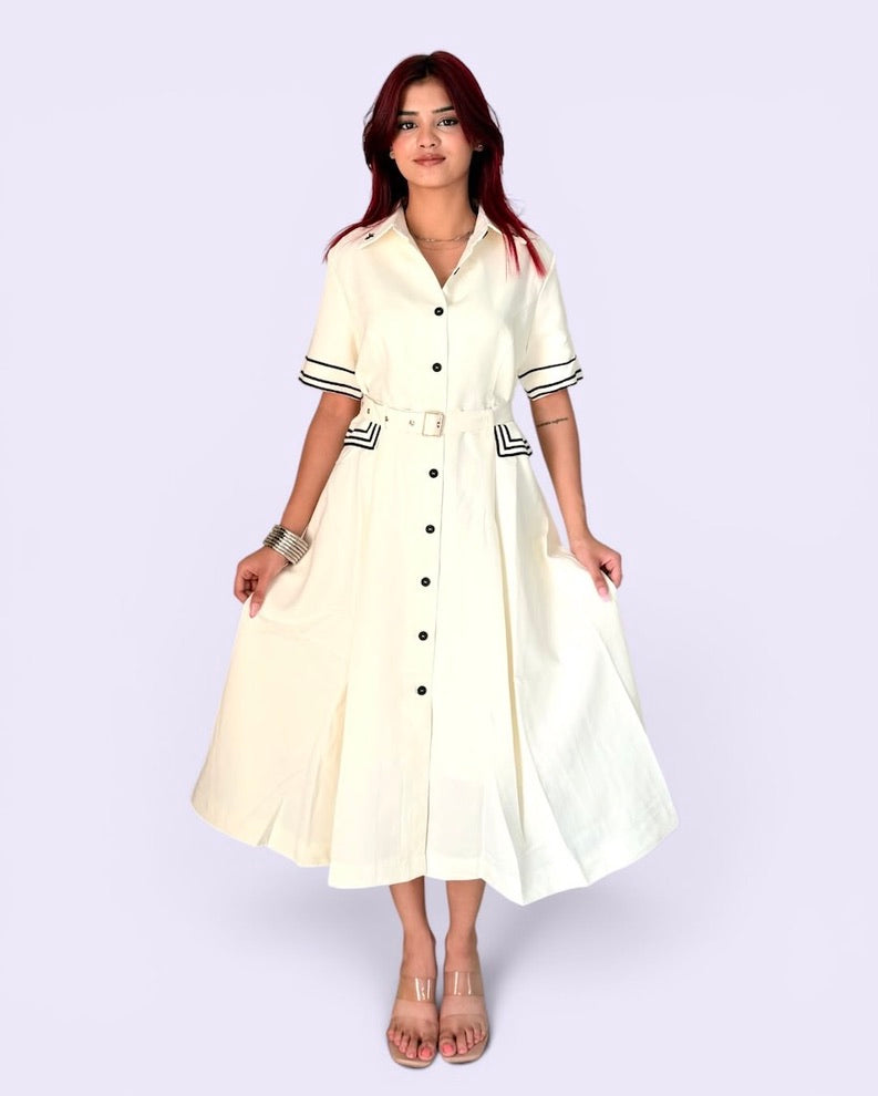 Contrast Trim Belted Midi Shirt Dress