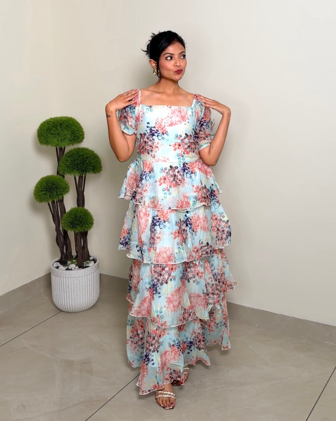 Floral Tulle Dress Square-Neck