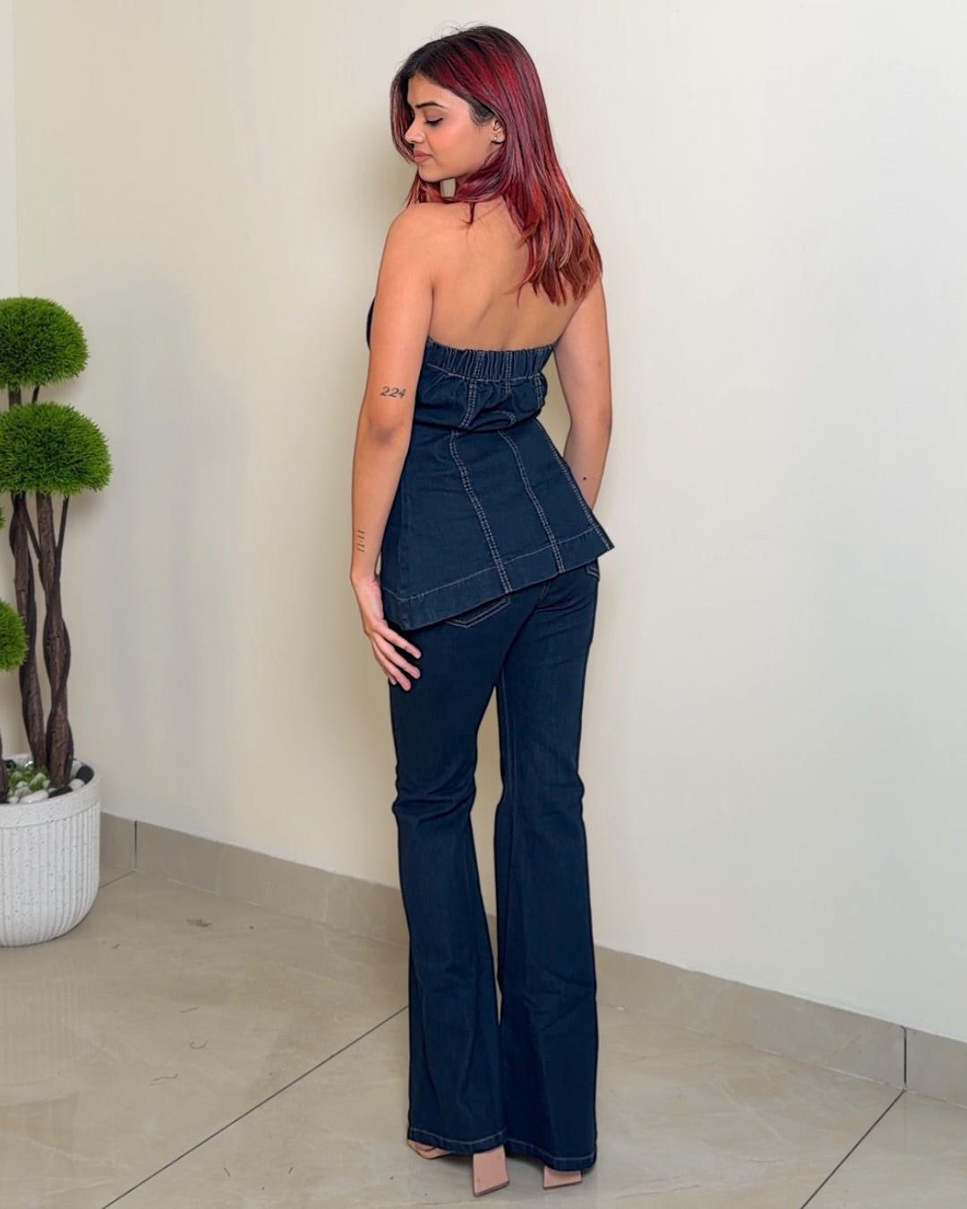 Halter Neck Peplum Denim Cord Set