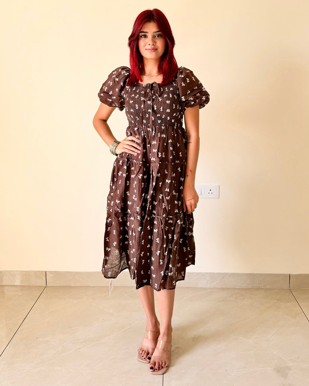 Mini Bow Print Smocked Tiered Midi Dress