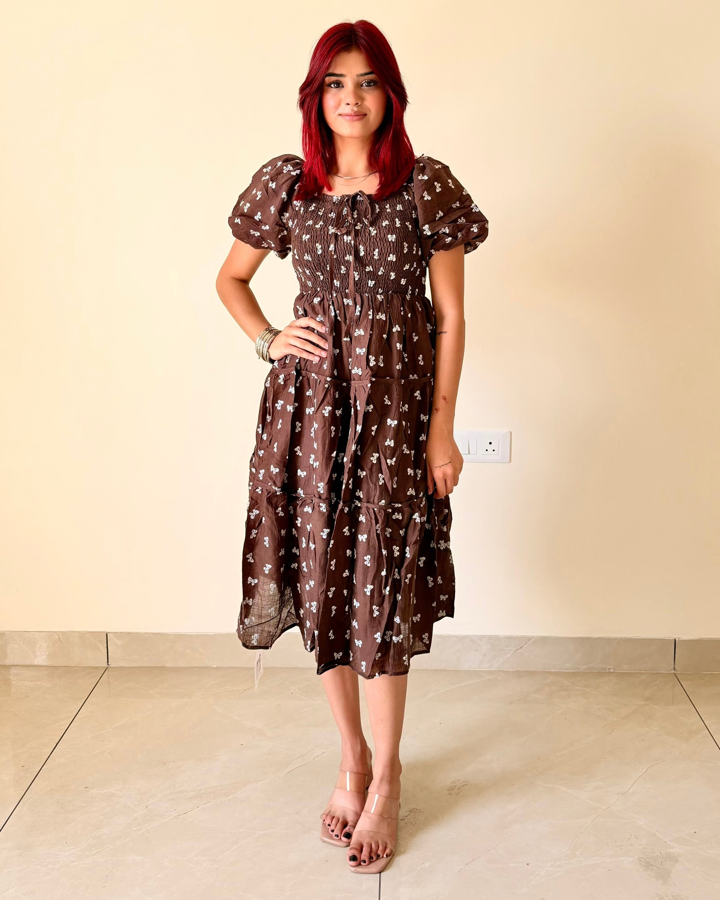 Mini Bow Print Smocked Tiered Midi Dress