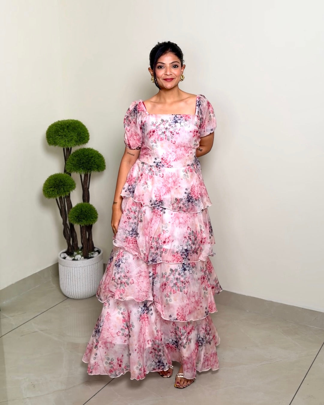 Floral Tulle Dress Square-Neck