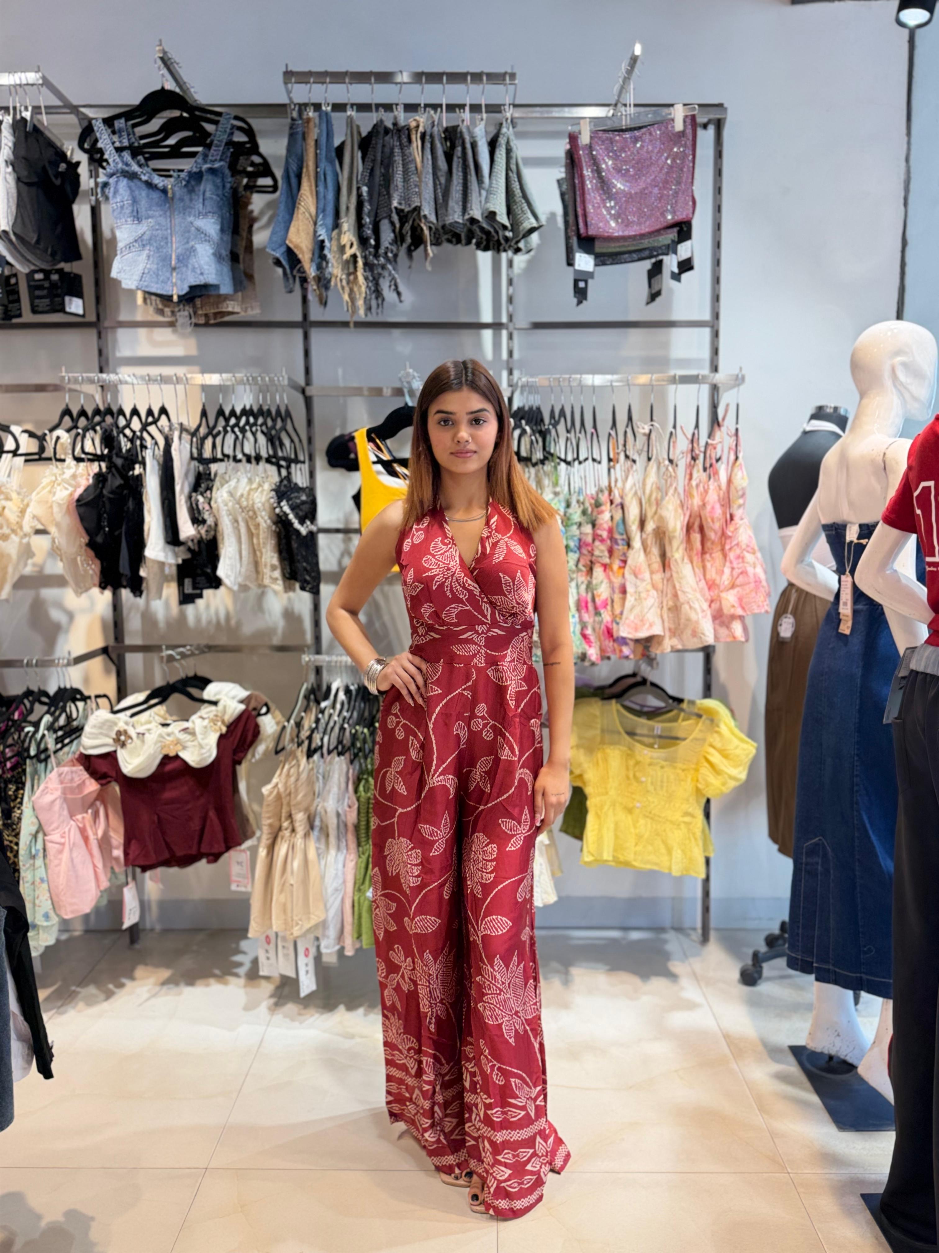 Floral Print Halter Neck Flared Jumpsuit