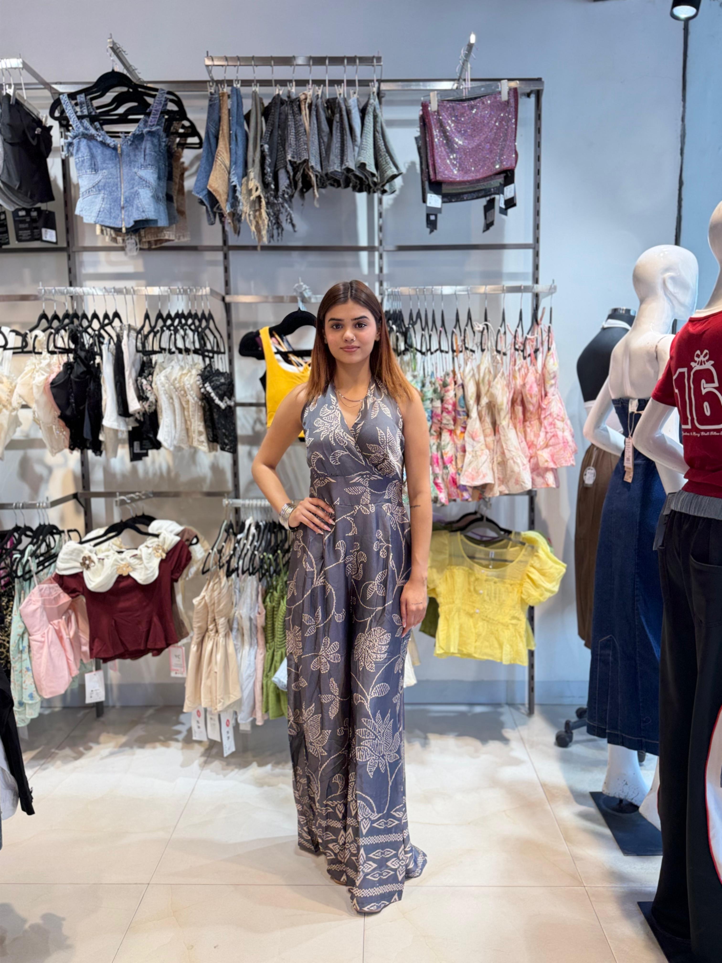 Floral Print Halter Neck Flared Jumpsuit