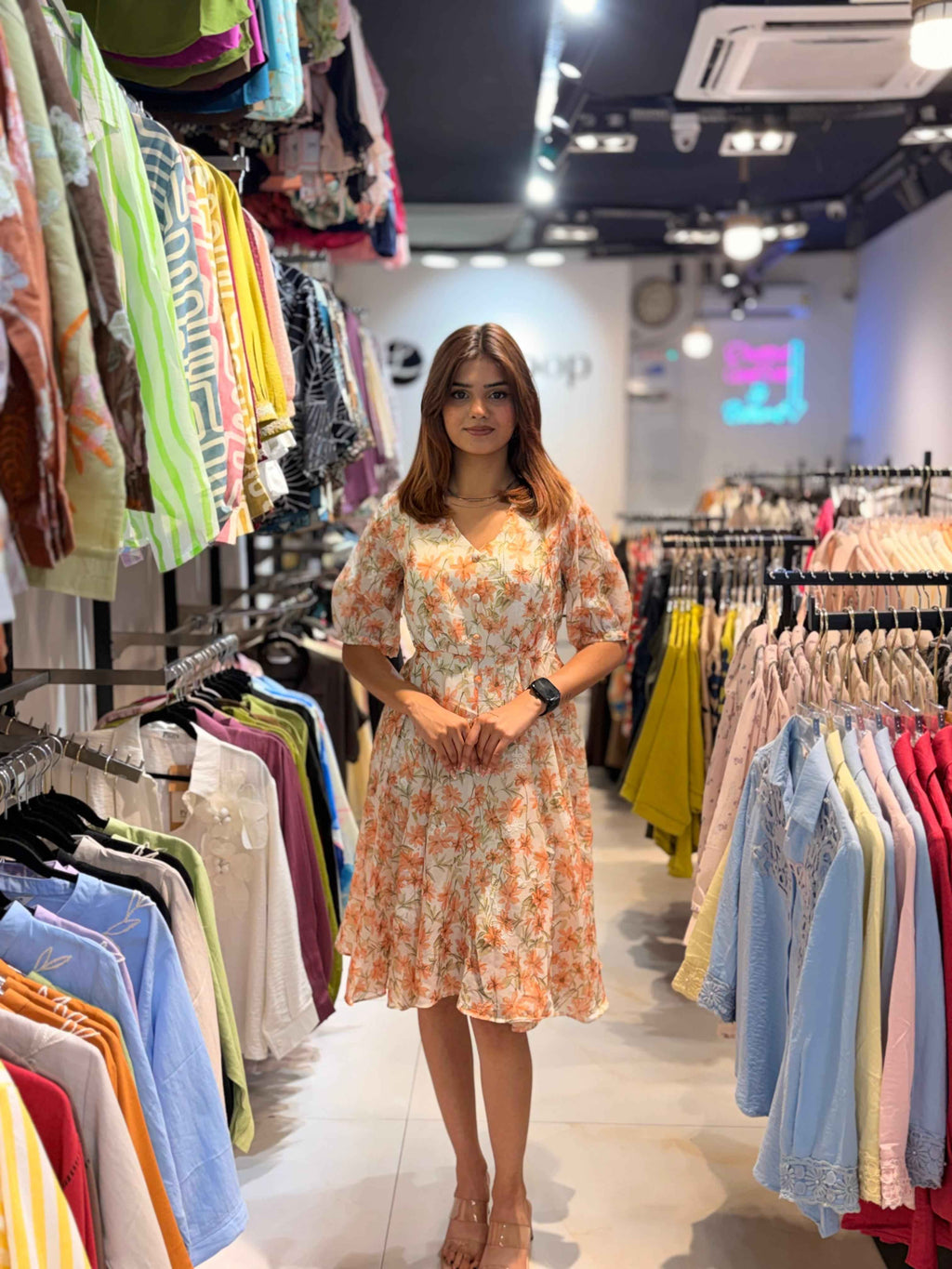 Floral Print V-Neck Puff Sleeve Flare Dress
