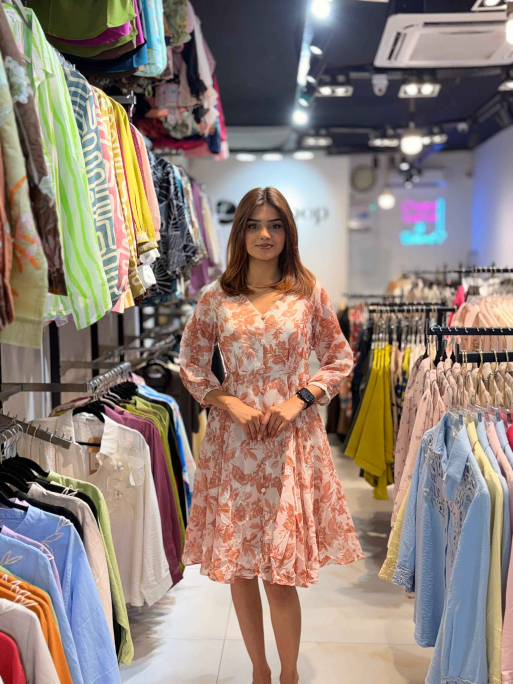 Floral Print V-Neck Puff Sleeve Flare Dress