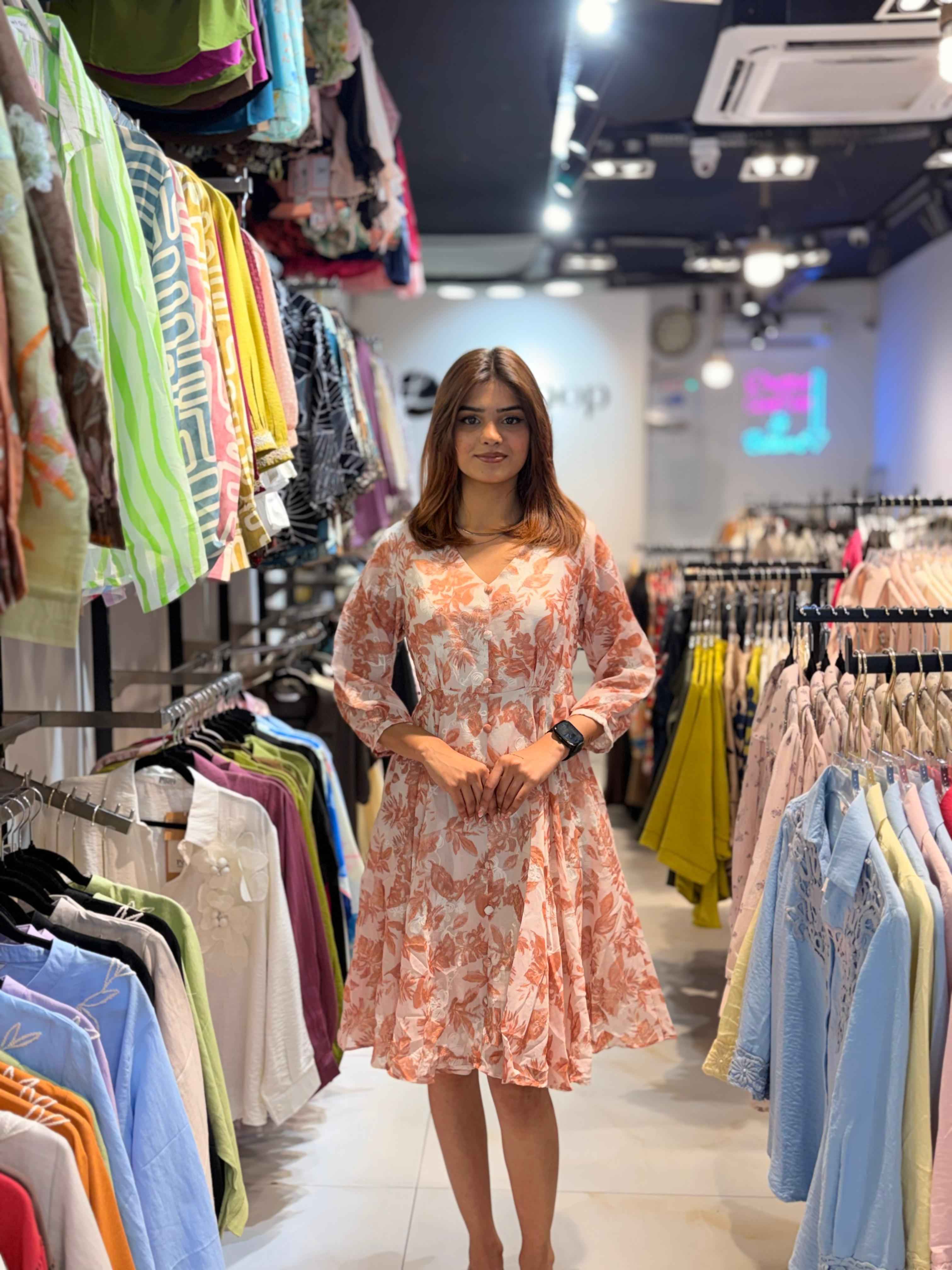 Floral Print V-Neck Puff Sleeve Flare Dress