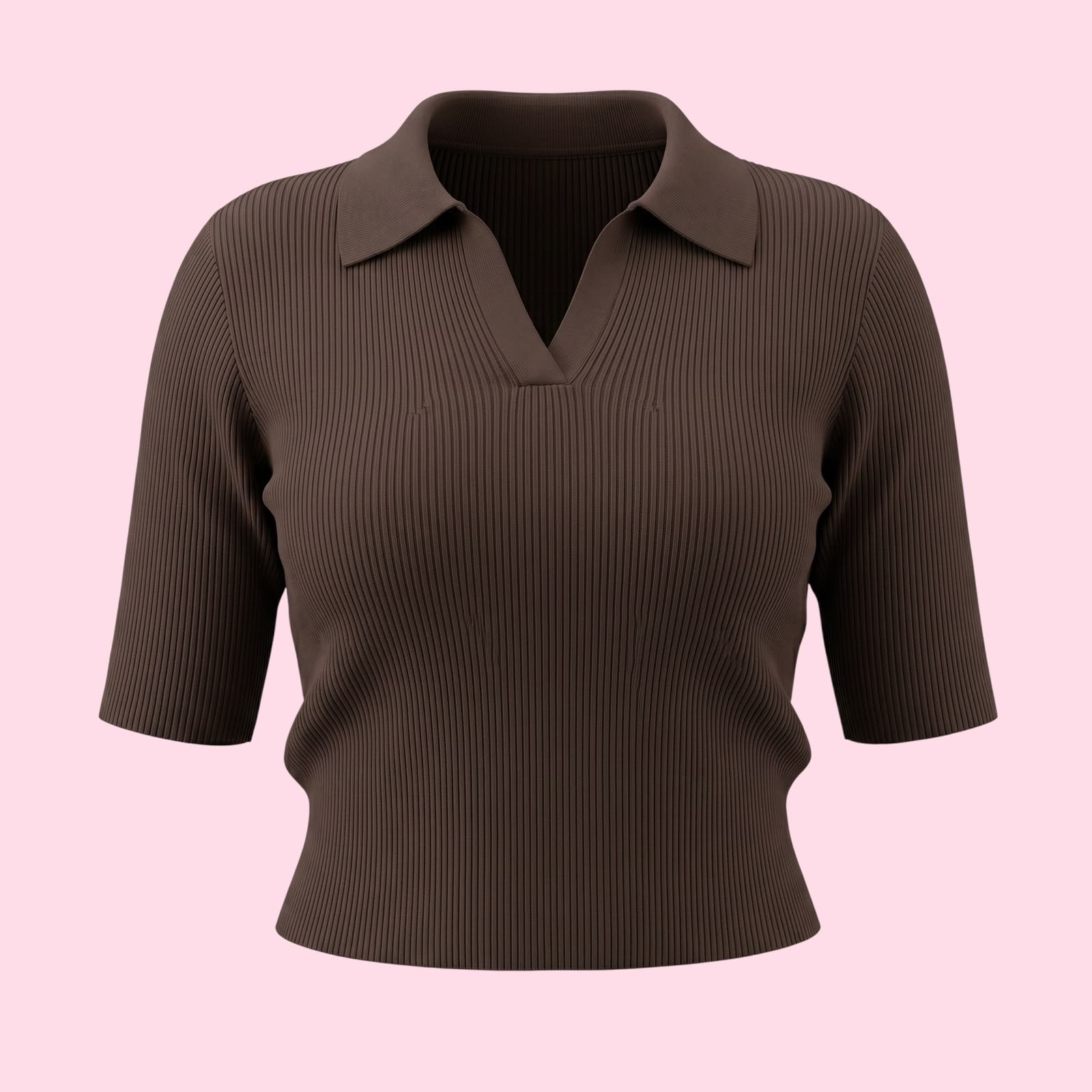 Fine-Ribbed V-Neck Polo Bodycon Collered Top