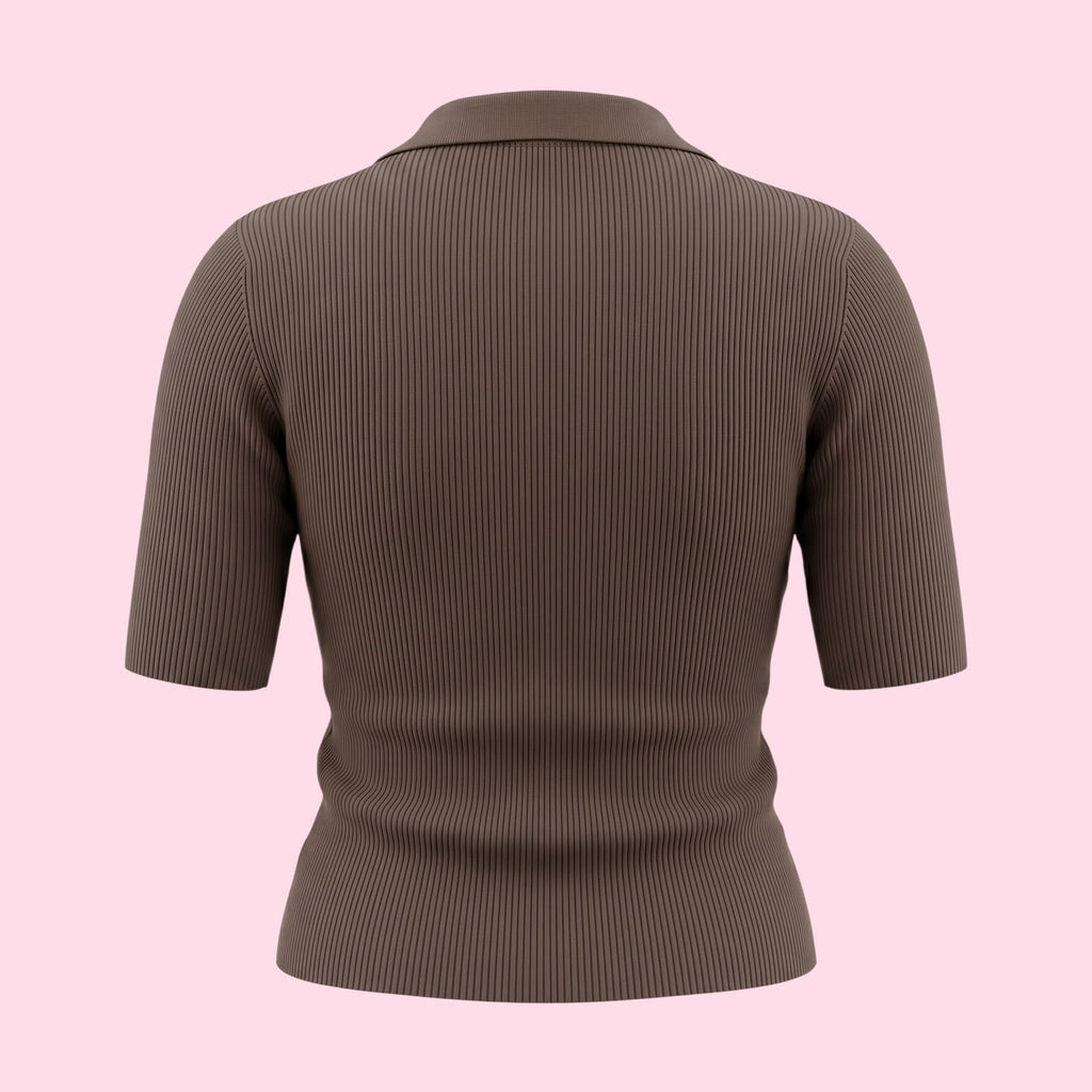 Fine-Ribbed V-Neck Polo Bodycon Collered Top