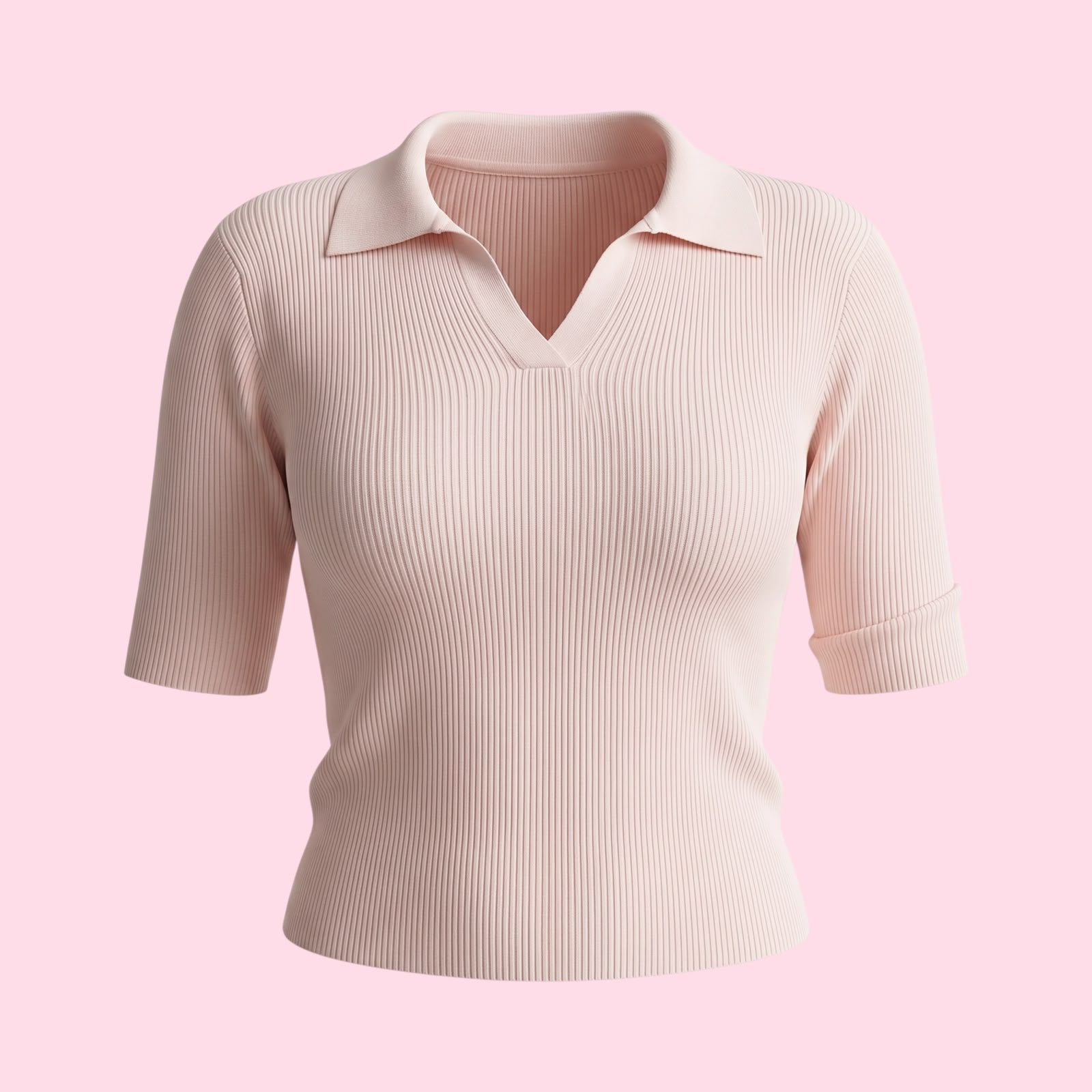 Fine-Ribbed V-Neck Polo Bodycon Collered Top