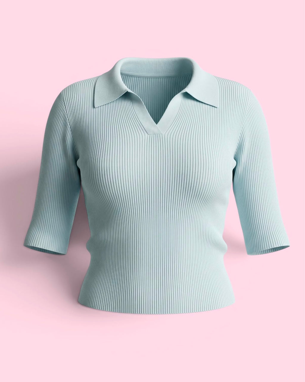 Fine-Ribbed V-Neck Polo Bodycon Collered Top