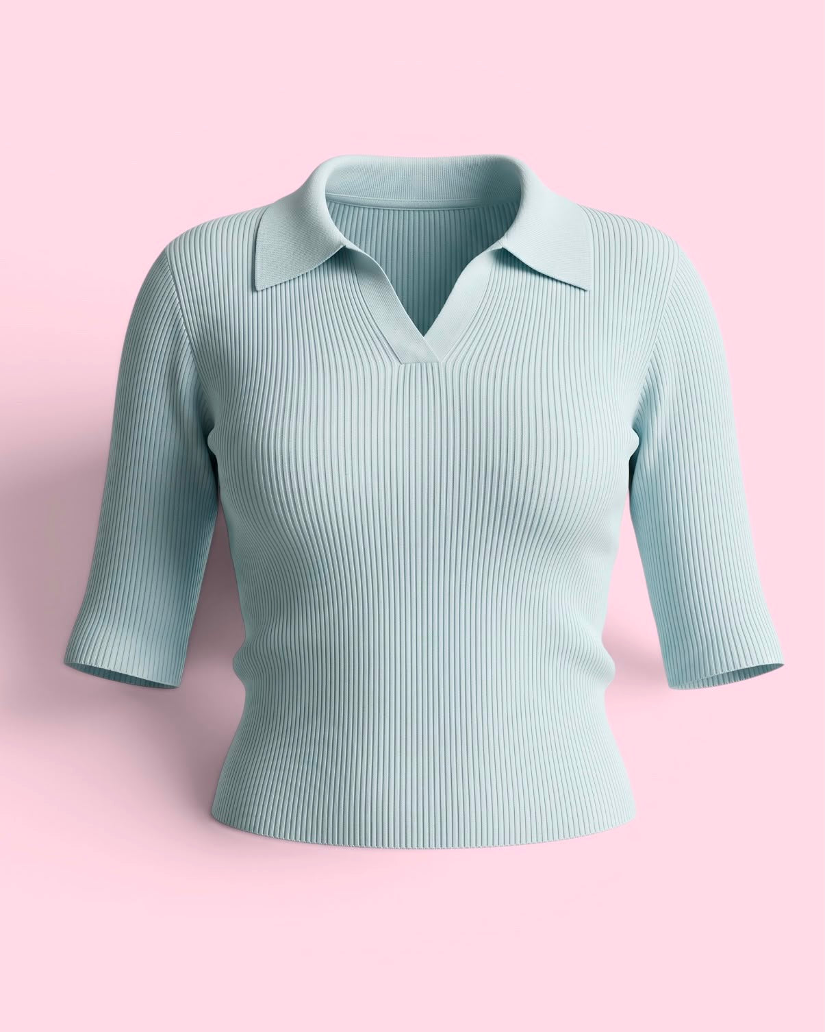 Fine-Ribbed V-Neck Polo Bodycon Collered Top