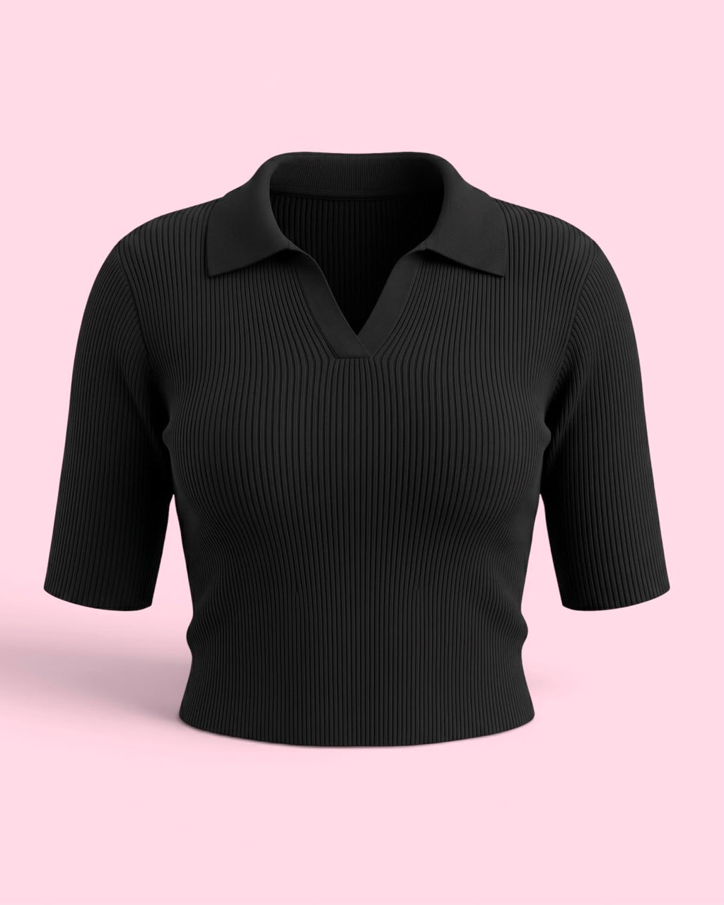 Fine-Ribbed V-Neck Polo Bodycon Collered Top