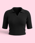 Fine-Ribbed V-Neck Polo Bodycon Collered Top