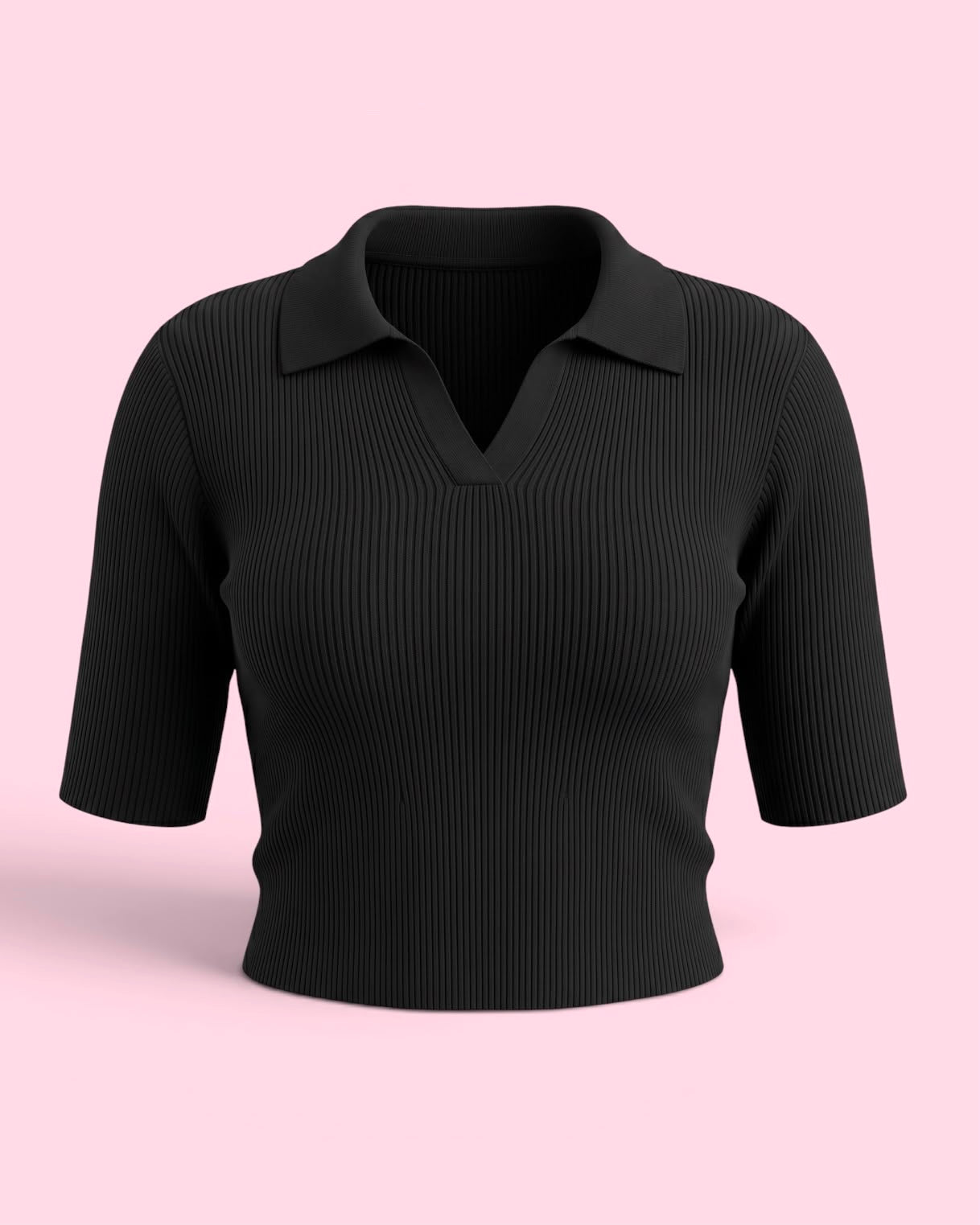 Fine-Ribbed V-Neck Polo Bodycon Collered Top