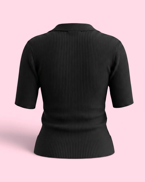Fine-Ribbed V-Neck Polo Bodycon Collered Top