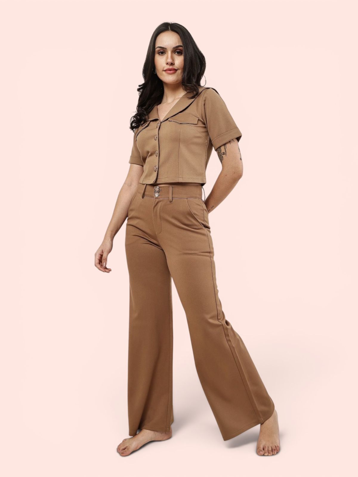 Notched Collar Cropped Shirt & Wide-Leg Trouser Co-ord Set
